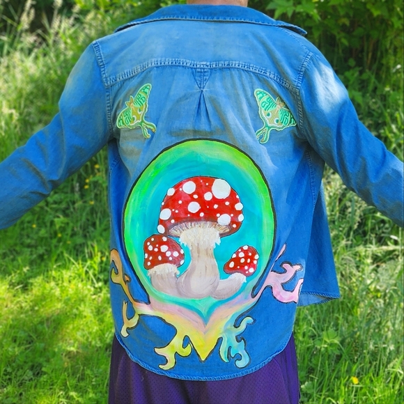 🍄🍄🍄 BONGO custom hand painted upcycled mushroom button down jacket - Picture 1 of 16